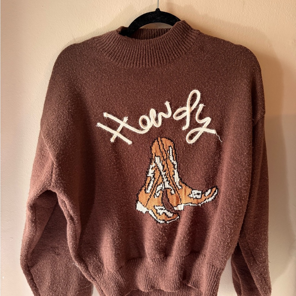 Pink Lily Brown 'Howdy' Boots Sweater